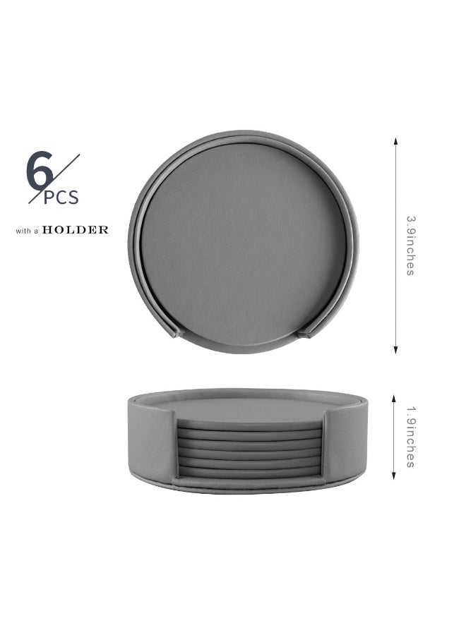 Hoopoton 6 Pieces Grey Coasters, Coasters for Drinks with a Holder Cup Mat Pad Protect Furniture from Coffee or Tea Marks(Grey, Round) - Image 2